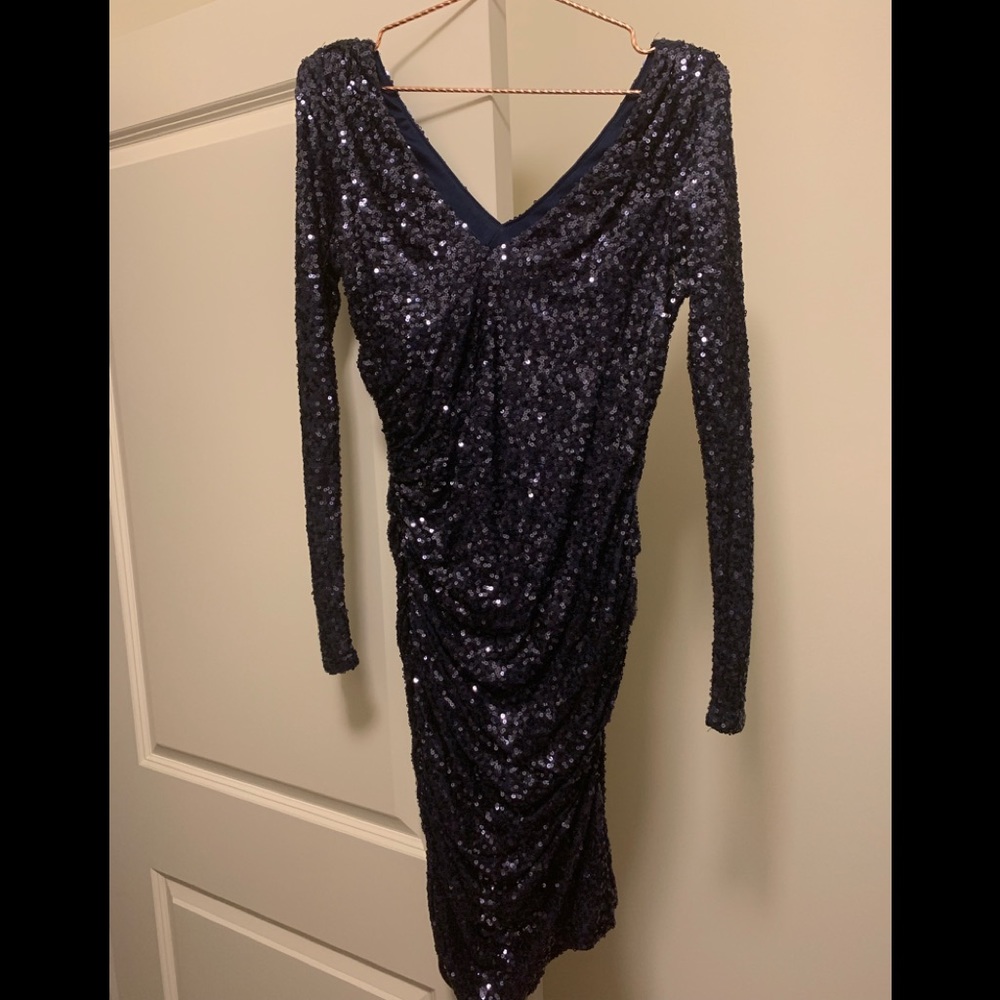 Badgley Mischka navy sequin V neck mini dress